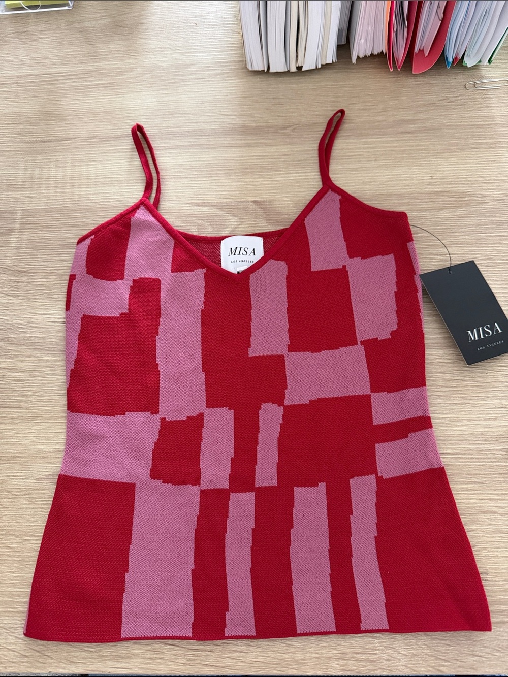 Misa Los Angeles Red and Pink Geometric Knit Tank Top